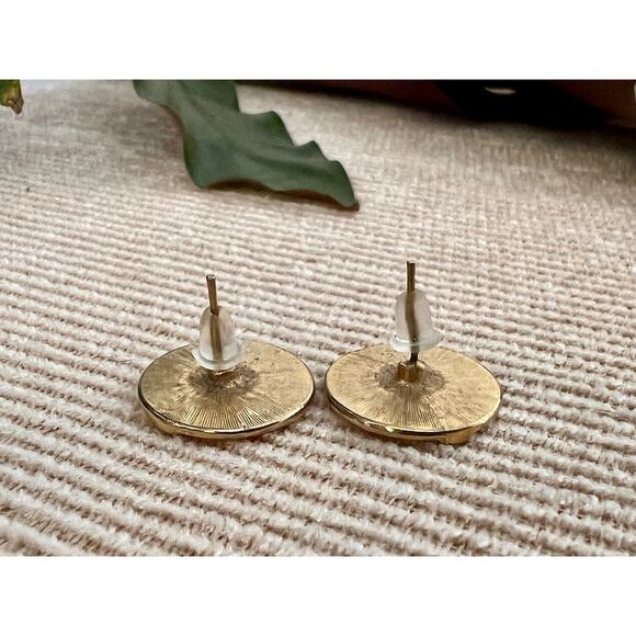 Vintage Gold & Beige Enamel Stud Earrings, Circle 90s Jewelry, Retro 80s - Picture 8 of 8